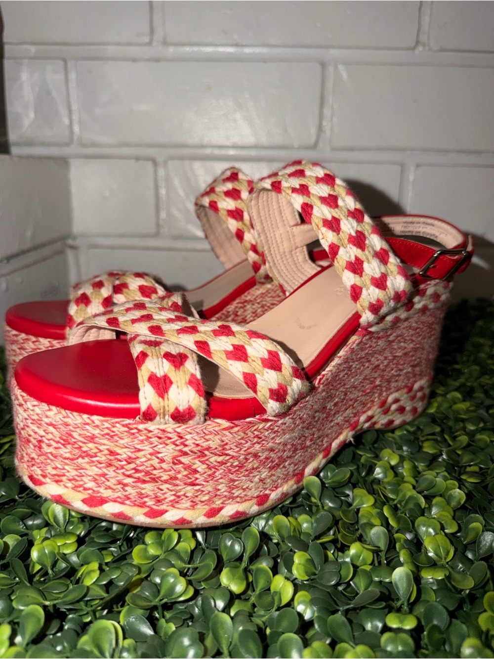 Free People Red and Cream Braided Platform Wedge Sandals